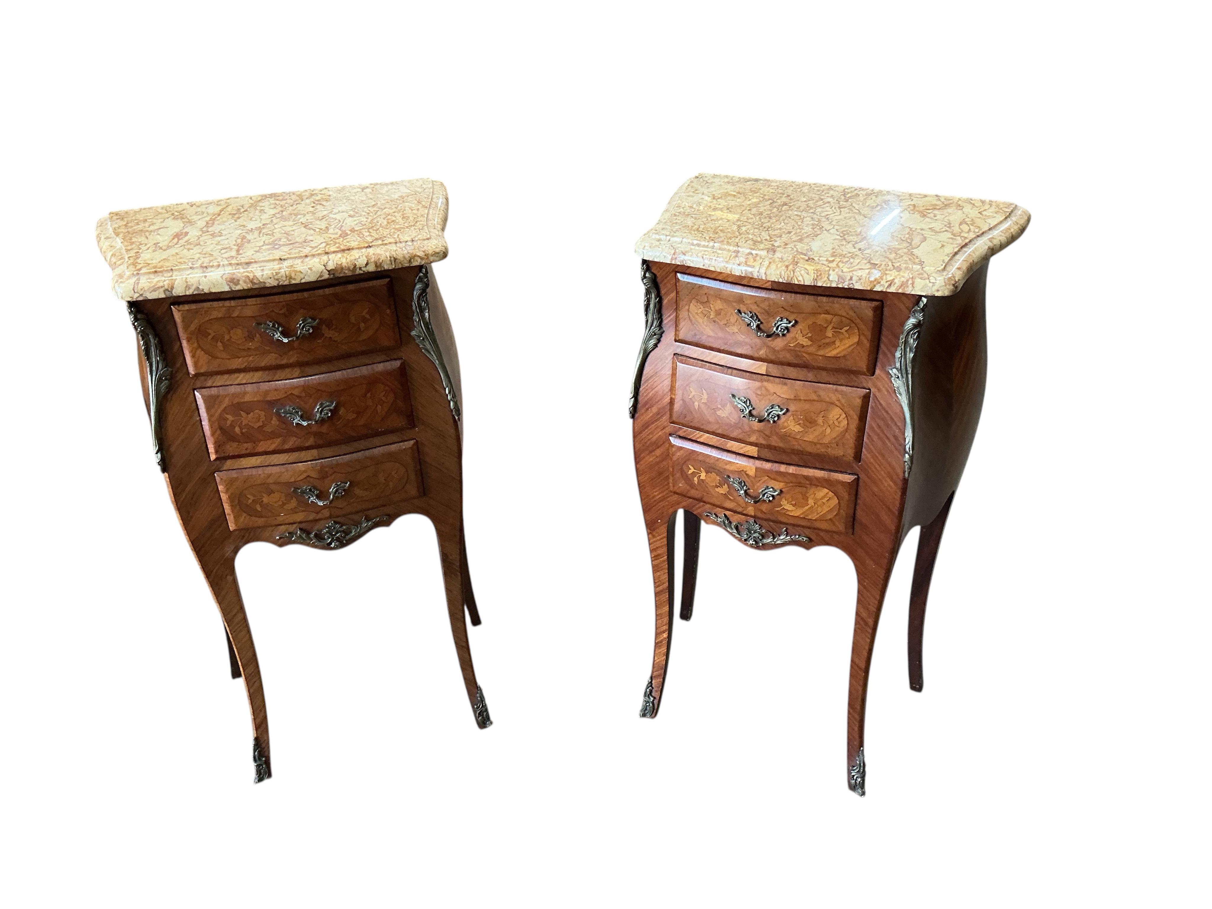 A pair of Louis XVI style marquetry inlaid kingwood marble top bedside chests, width 42cm, depth 27cm, height 73cm